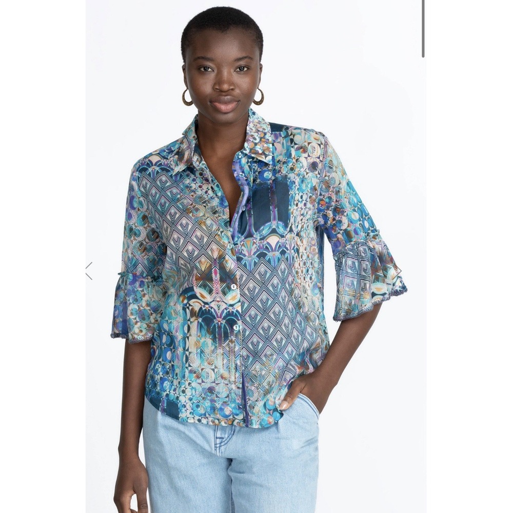 Johnny Was Klodi Ruffle Sleeve Blouse Size S Blue Multi Print NWT $225